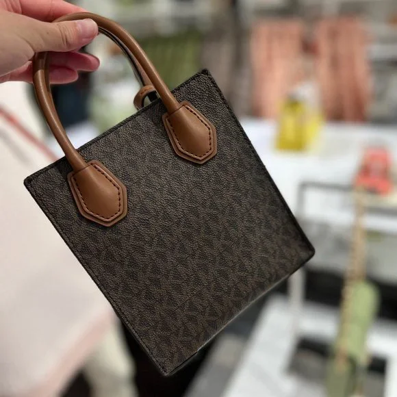 MICHAEL KORS MERCER XS NS SHOPPER CROSSBODY SATCHEL BAG SIGNATURE LOGO MK BROWN - Picture 4 of 8